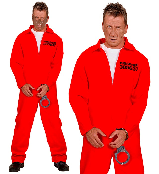 Häftling-Kostüm mit schwarz-weiss gestreiftem Overall und Handschellen