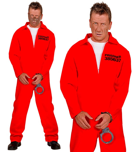 Häftling-Kostüm mit schwarz-weiss gestreiftem Overall und Handschellen
