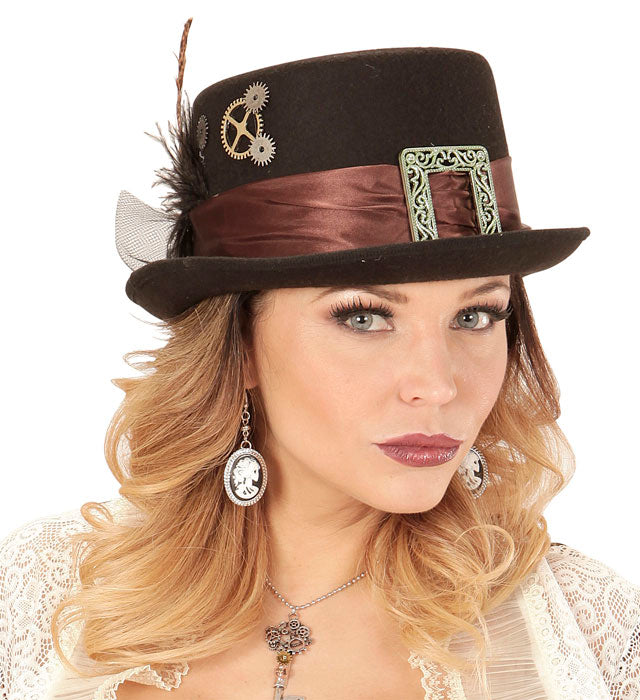 Steampunk Zylinder aus schwarzem Filz, 12 cm hoch, Fasnacht Kopfbedeckung
