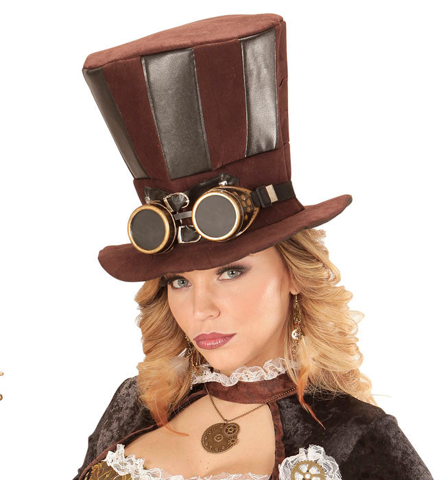 Steampunk Zylinder mit integrierter Brille, 21 cm hoher schwarzer Hut