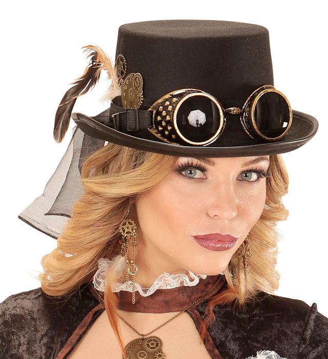 Steampunk Zylinder mit Brille und Zahnrad-Deko 12 cm für Fasnacht