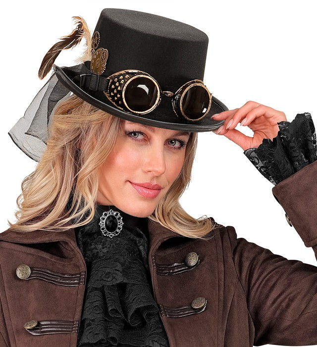Steampunk Zylinder mit Brille und Zahnrad-Deko 12 cm für Fasnacht