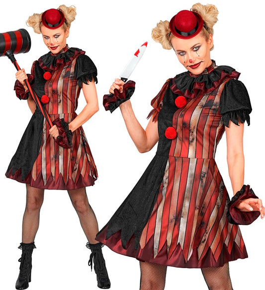 Böser Clown Kostüm mit Petticoat, Kragen und Minihut auf weißem Hintergrund