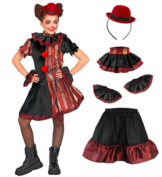 Böser Clown Kostüm mit rotem Petticoat, weißem Kragen und schwarzem Minihut
