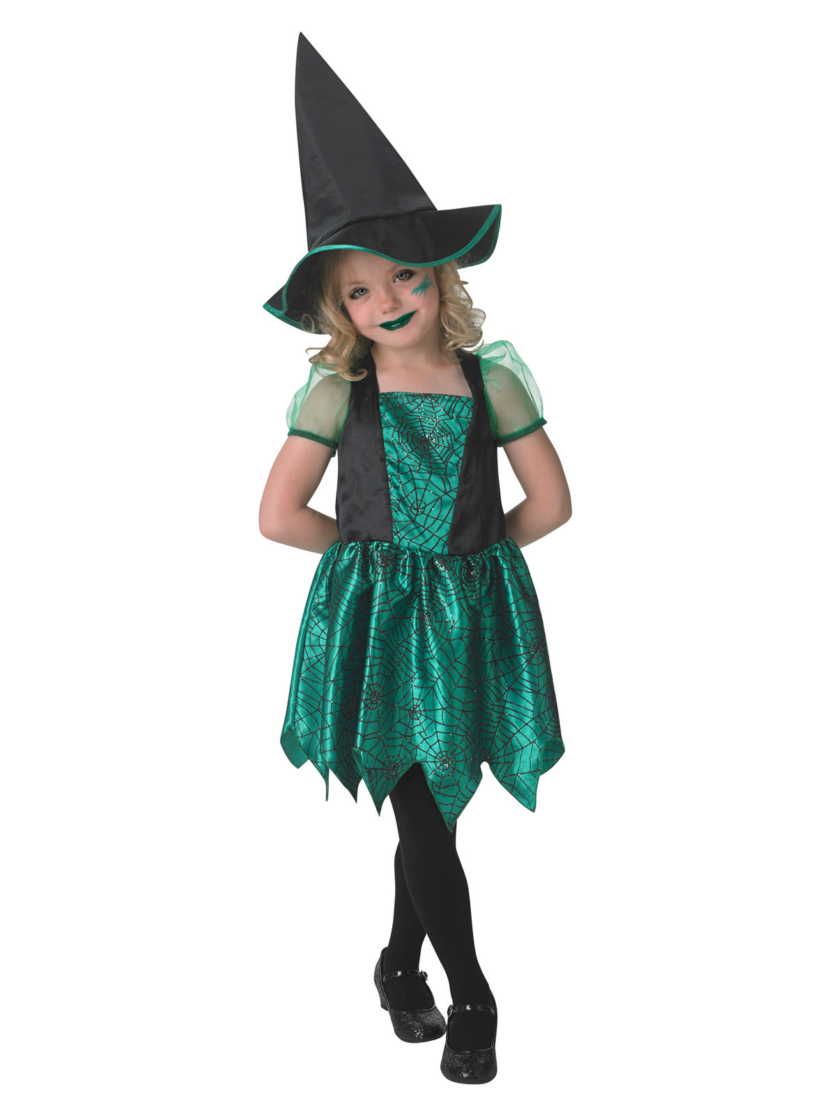 Rubies Green Spider Witch Kinderkostüm für Mädchen mit Kleid und Hut – Produktansicht