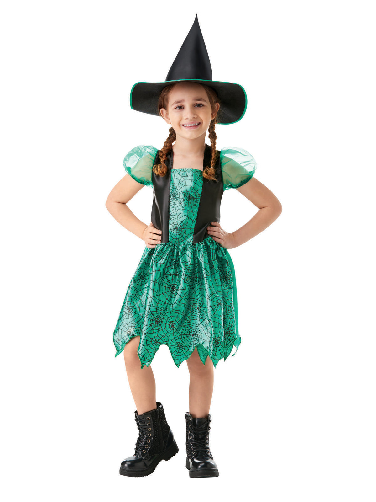 Rubies Green Spider Witch Kinderkostüm für Mädchen mit Kleid und Hut – Detailansicht