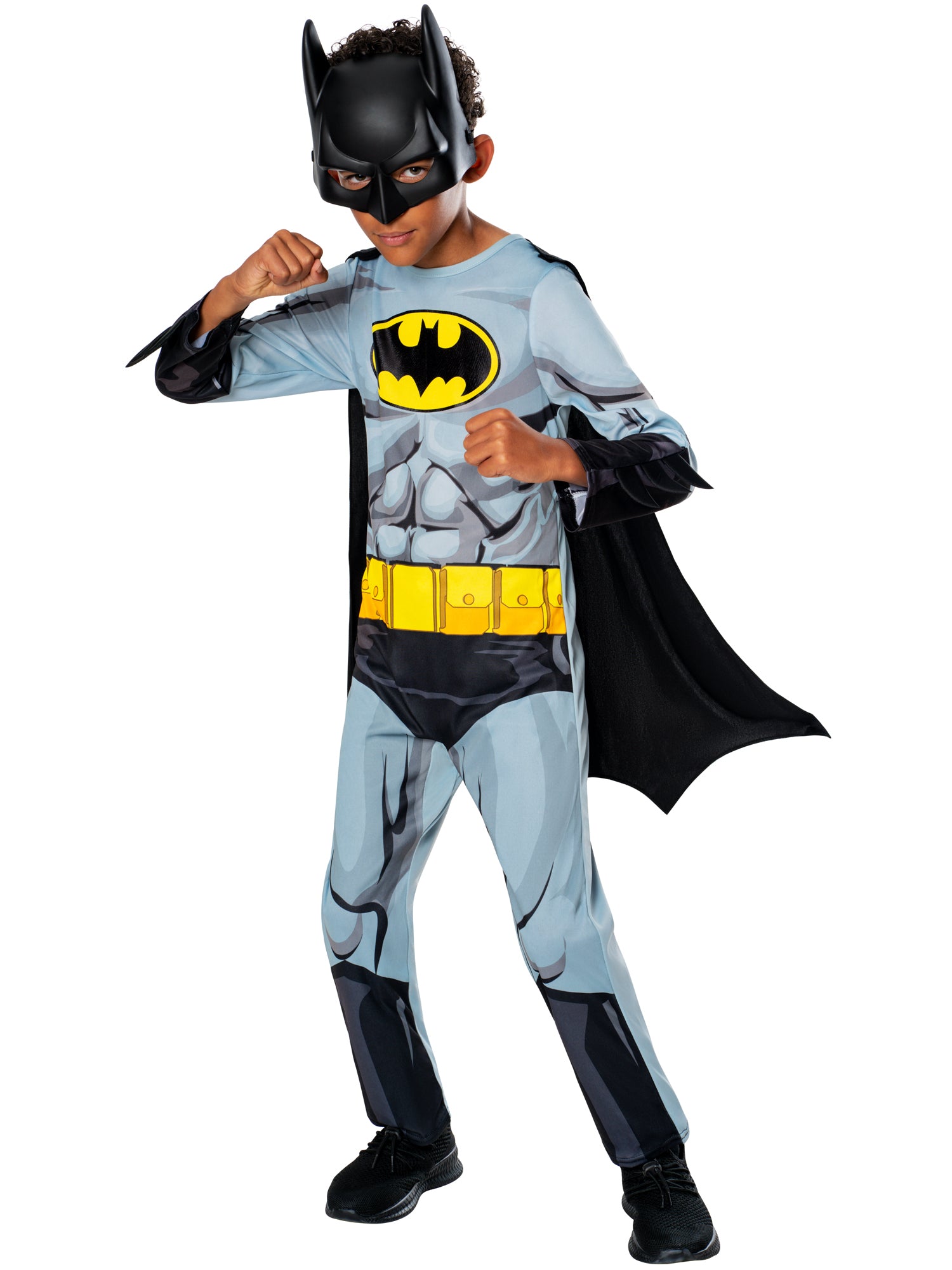 Batman Kinderkostüm für Jungen von Rubies mit Overall, Umhang und Maske – Verpackung