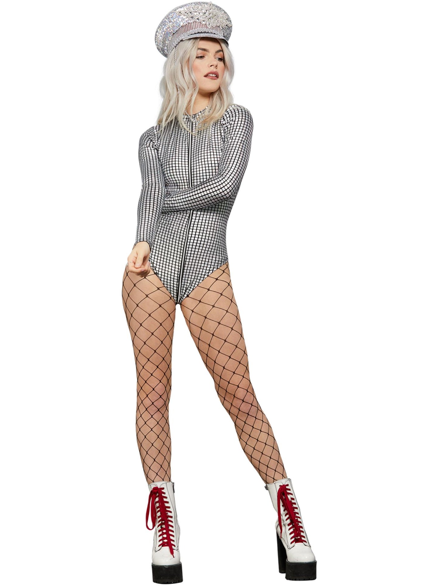 Smiffys FEVER Miss Whiplash Disco-Bodysuit für Damen in Silber, holografisch