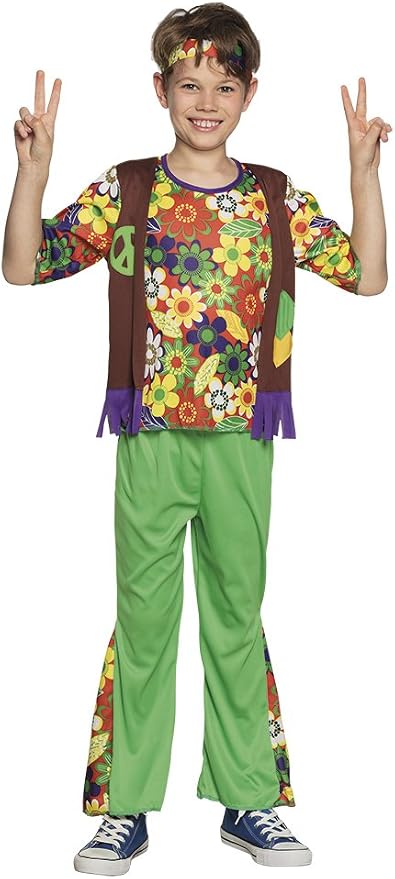 Boland Woodstock Hippie Kostüm für Jungen 7–9 Jahre mit Blumenhemd Fransenweste und Stirnband – Produktansicht