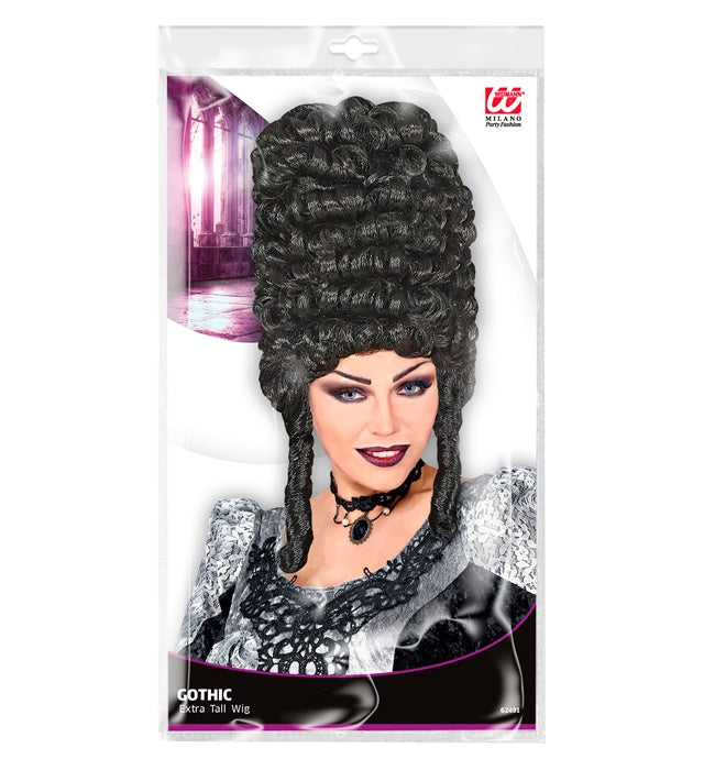 Extra hohe schwarze Gothic Lady Perücke für Fasnacht und Halloween