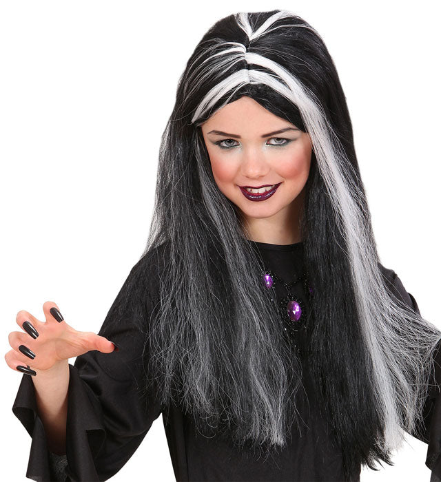 Schwarze Hexen-Perücke als Kostümzubehör für Halloween und Fasnacht