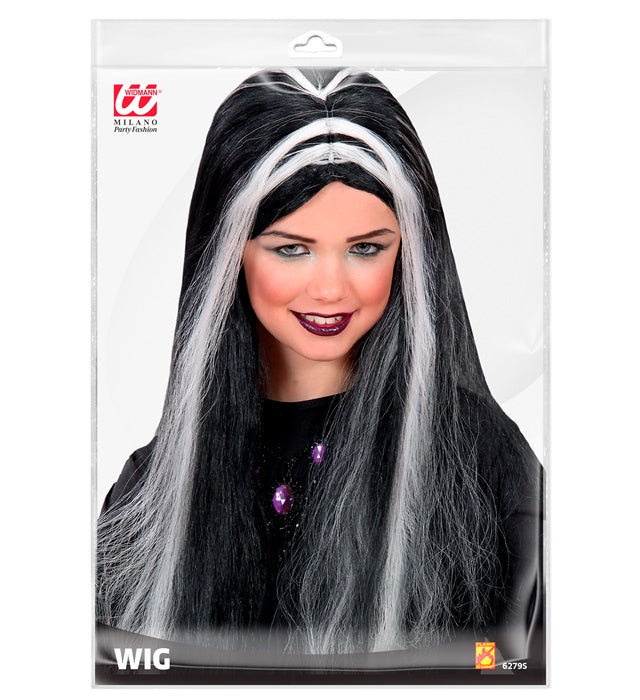 Schwarze Hexen-Perücke als Kostümzubehör für Halloween und Fasnacht