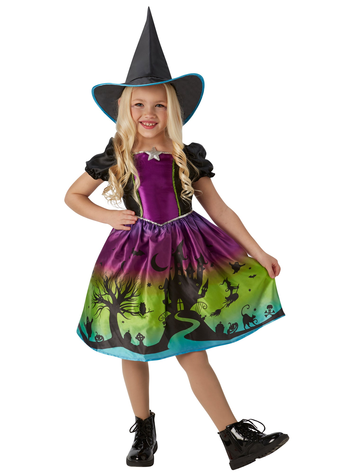 Rubies Ombre Witch Kinderkostüm für Mädchen mit Kleid und Hut – Detailansicht