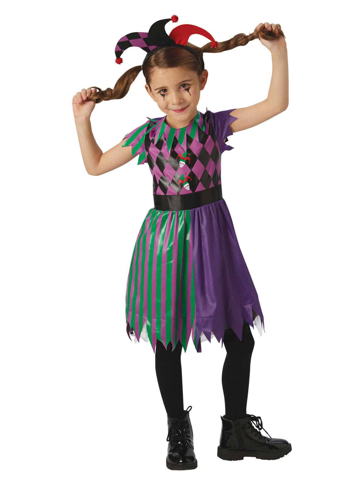 Rubies Harlekin-Jester-Kinderkostüm für Mädchen mit Kleid und Stirnband