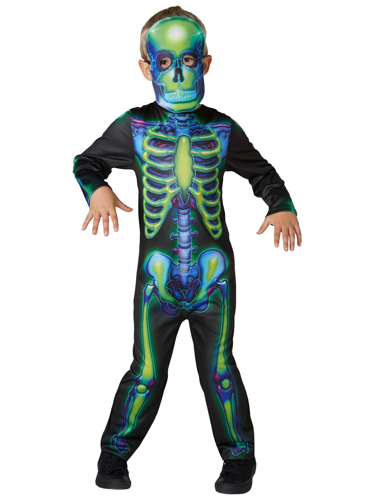 Rubies Neon-Skelett-Kinderkostüm mit Glow-in-the-Dark-Overall und Filzmaske – Produktansicht