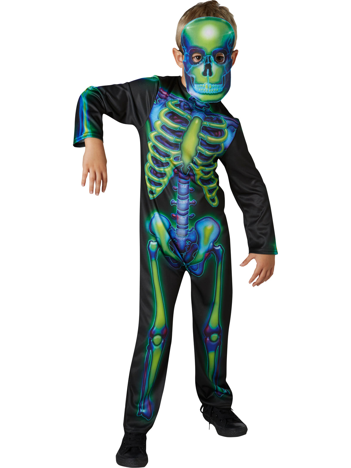 Rubies Neon-Skelett-Kinderkostüm mit Glow-in-the-Dark-Overall und Filzmaske – Detailansicht