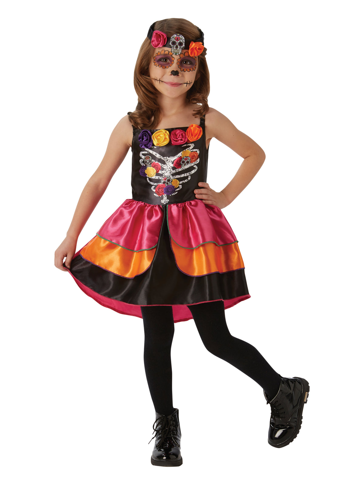 Rubies Sugar-Skull-Kinderkostüm für Mädchen mit Kleid und Haarreif – Produktansicht