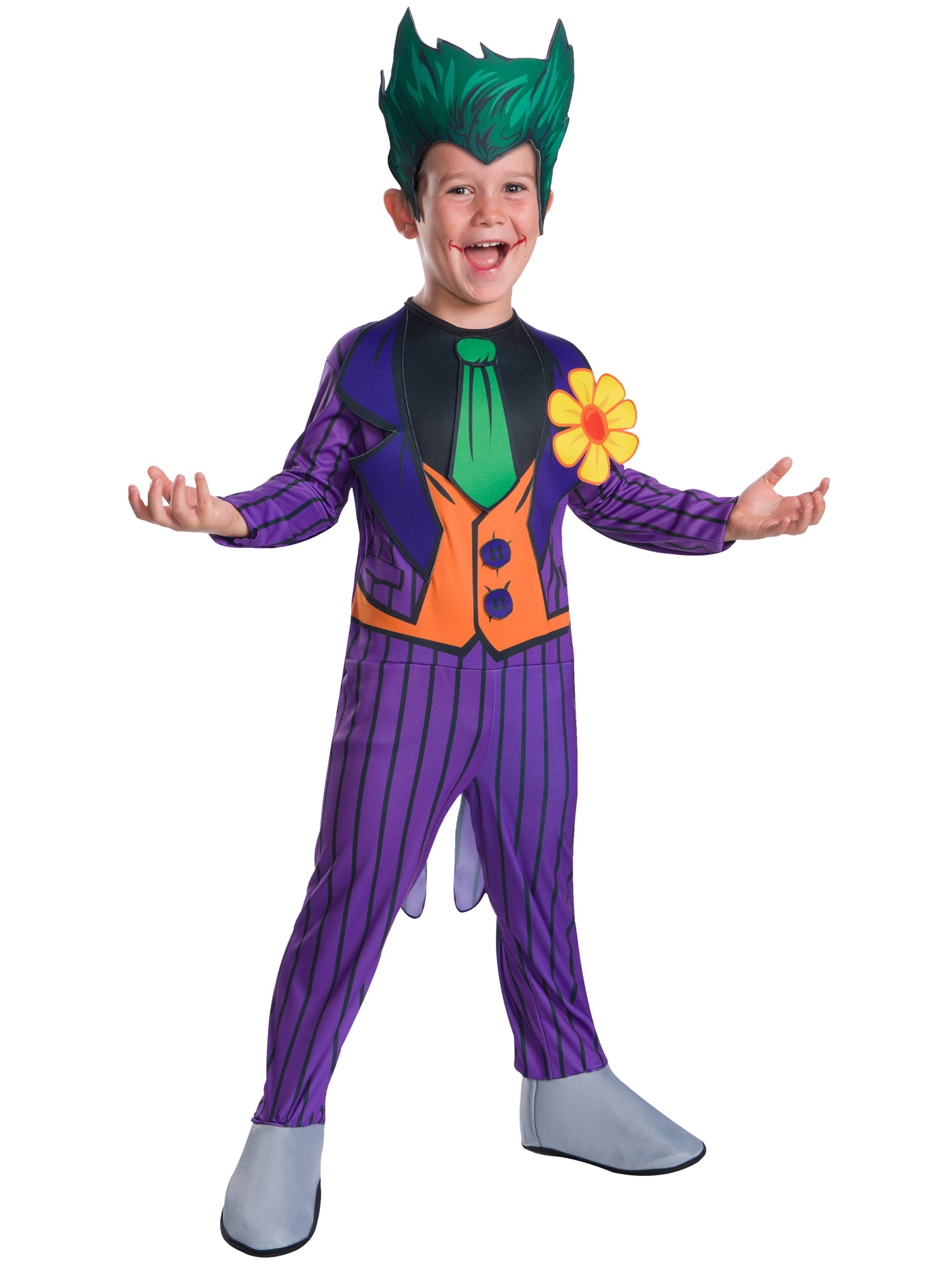 Rubies Joker Kinderkostüm für Jungen mit Overall, Schuhüberziehern, Blume und Kopfbedeckung