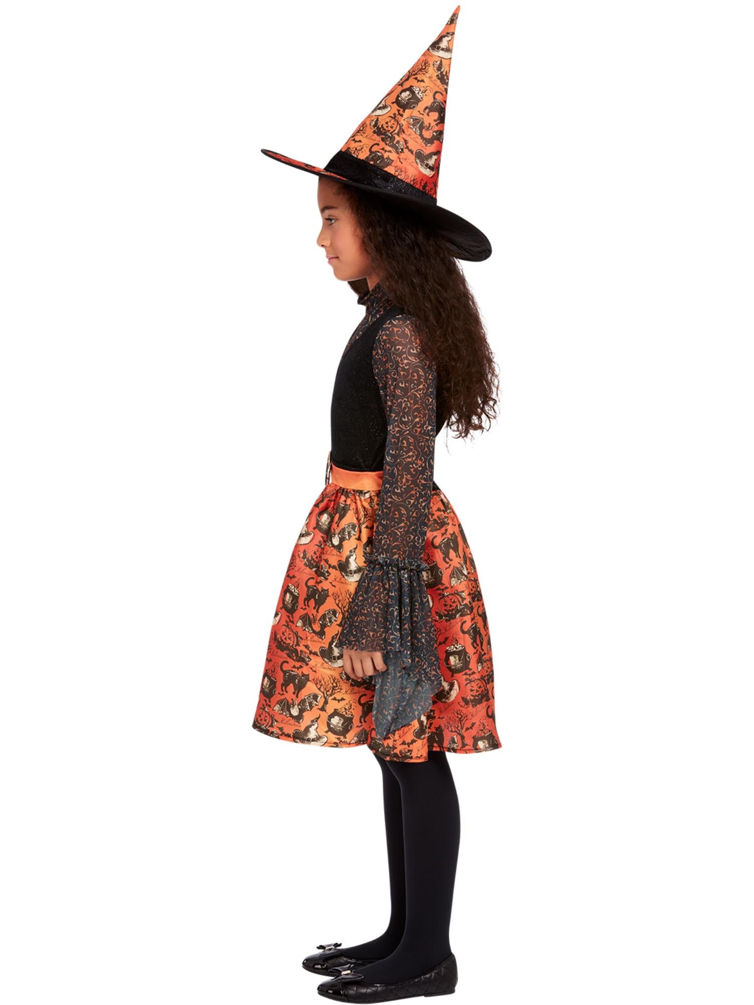 Smiffys Vintage-Witch-Kostüm Orange für Mädchen mit Kleid und Hut – Seitenansicht