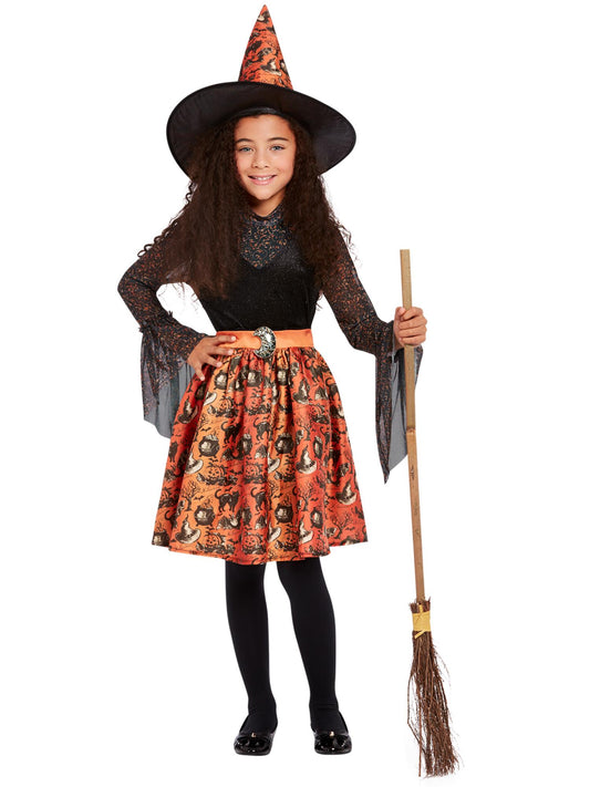 Smiffys Vintage-Witch-Kostüm Orange für Mädchen mit Kleid und Hut – Produktansicht
