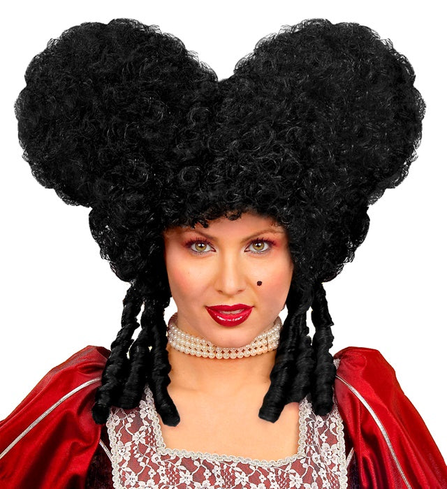Schwarze Barockperücke mit voluminösen Locken für Fasnacht und Halloween