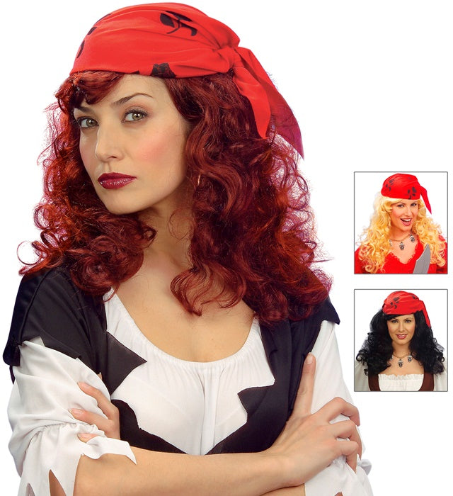 Piratin Perücke mit Kopftuch in drei Farben für Fasnacht und Karneval