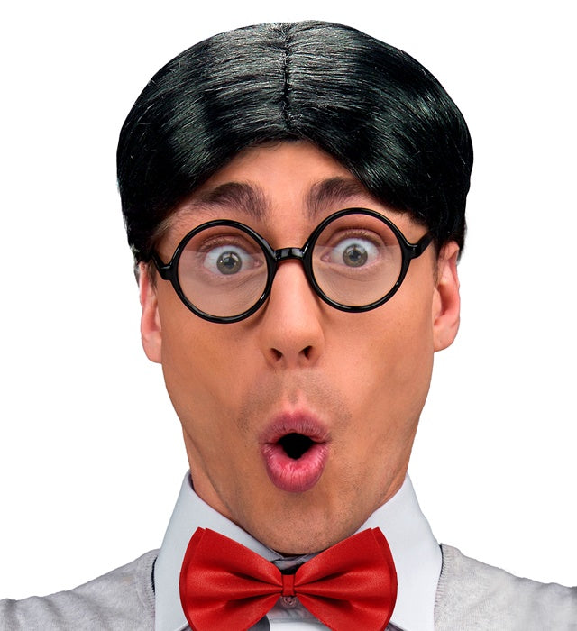 Streber-Perücke mit strengem Scheitel und glatten dunklen Haaren für Fasnacht