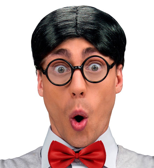 Streber-Perücke mit strengem Scheitel und glatten dunklen Haaren für Fasnacht