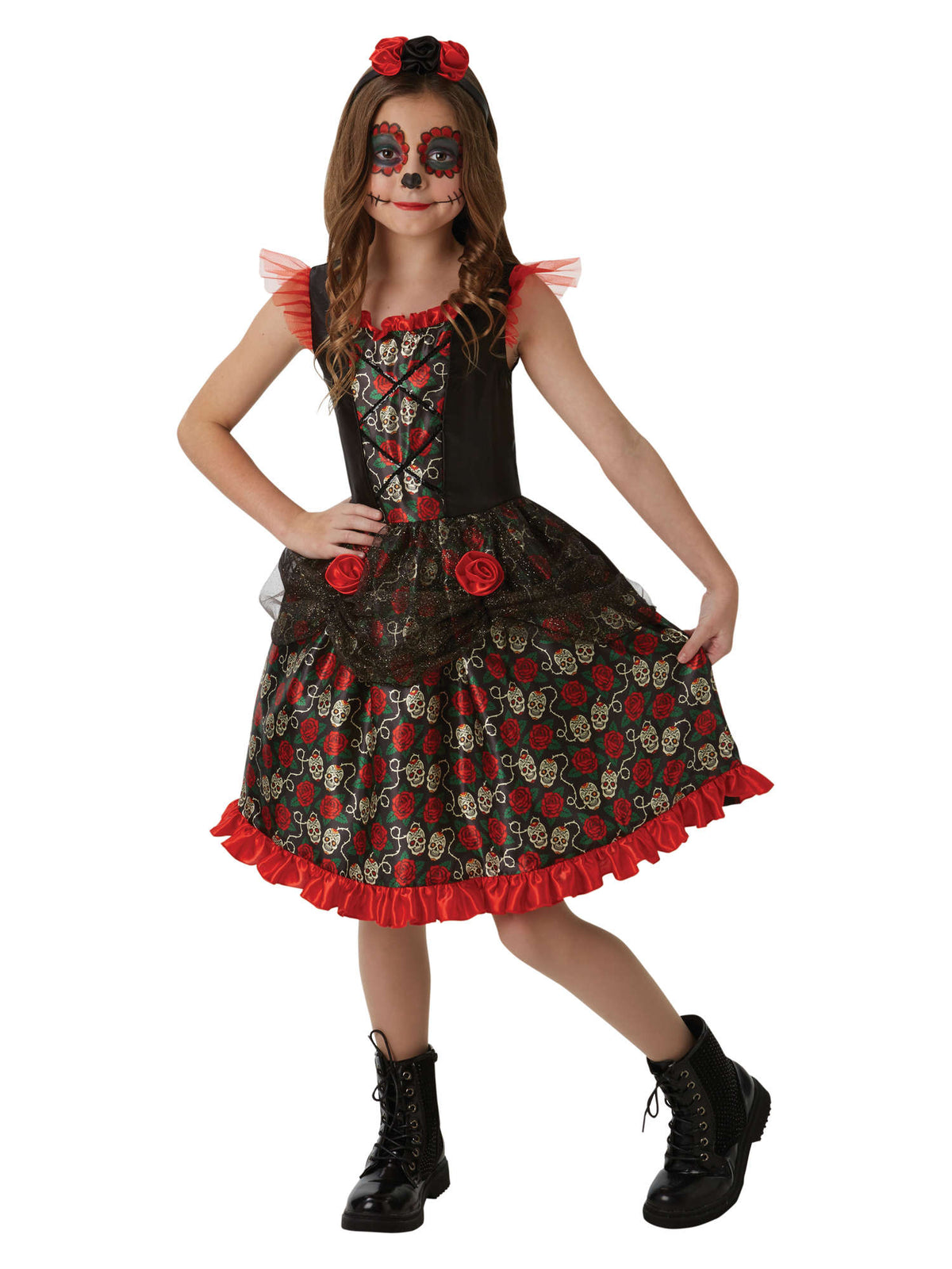 Rubies Day-of-the-Dead-Kinderkostüm Red Rose für Mädchen mit Kleid und Haarreif