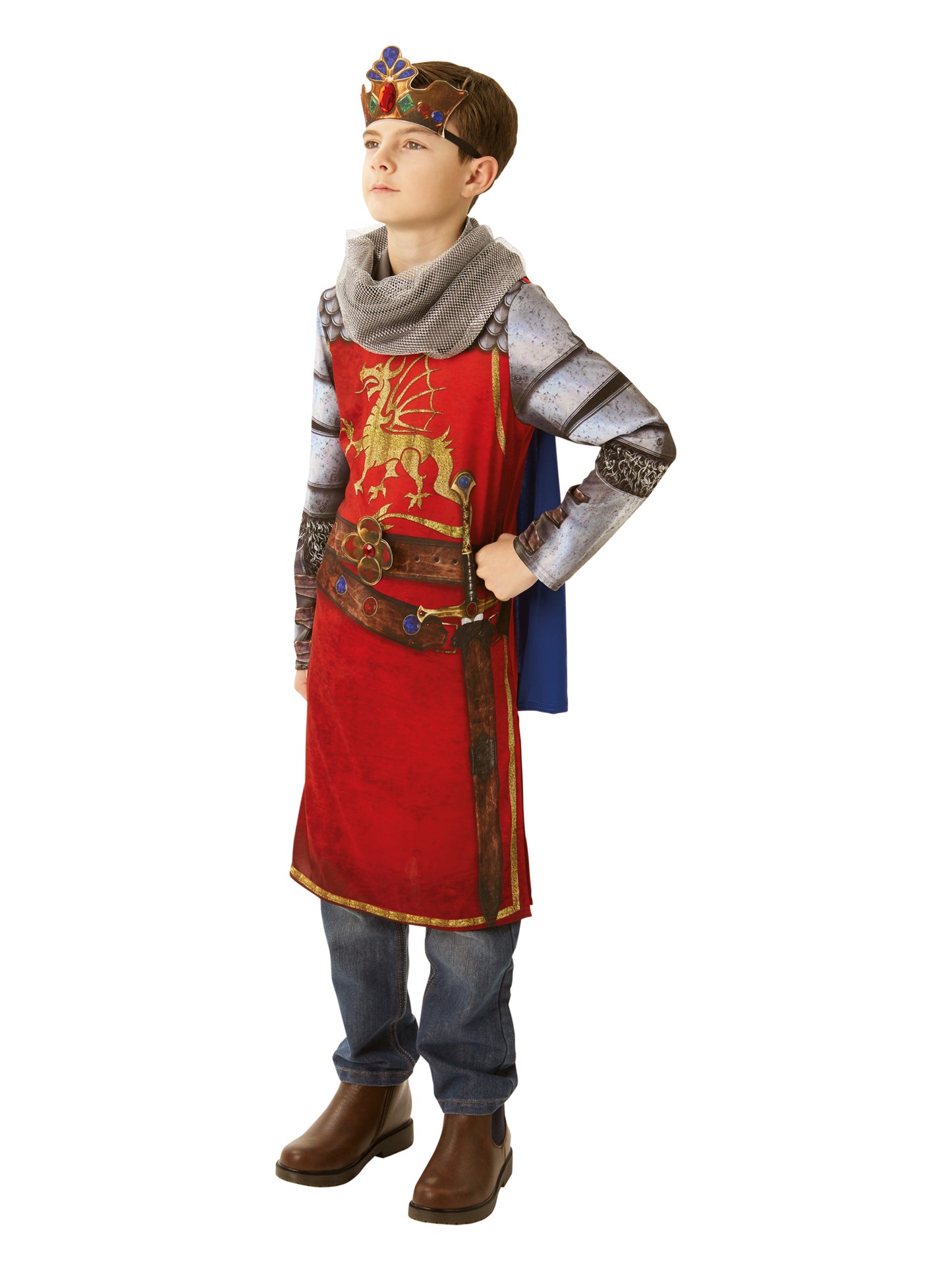 Rubies King Arthur Kinderkostüm für Jungen mit Tunika Umhang Filzkrone und Stoff-Kettenhemd