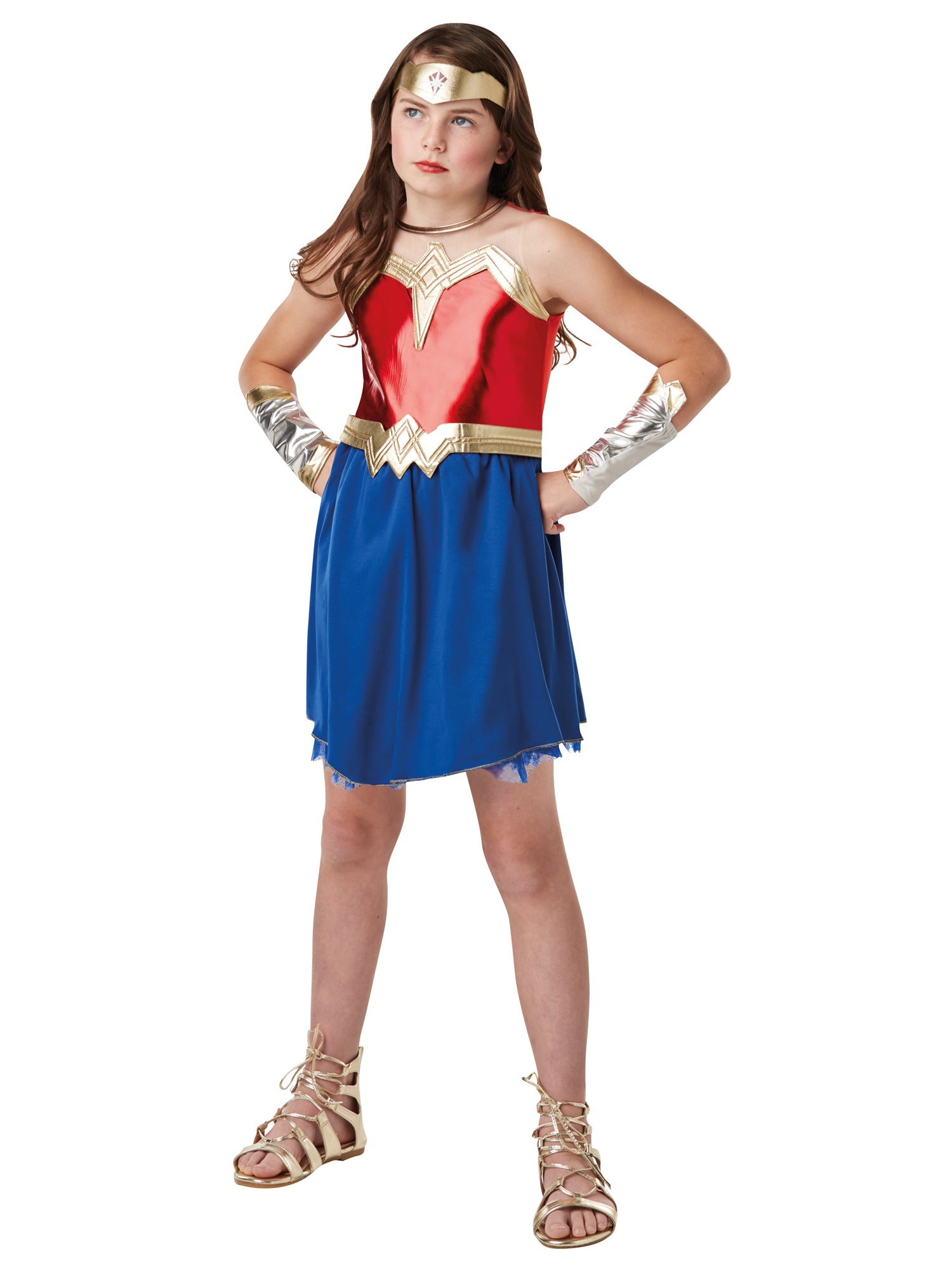 Rubies Wonder Woman Kinderkostüm für Mädchen mit Metallic-Kleid und Kopfschmuck – Produktansicht