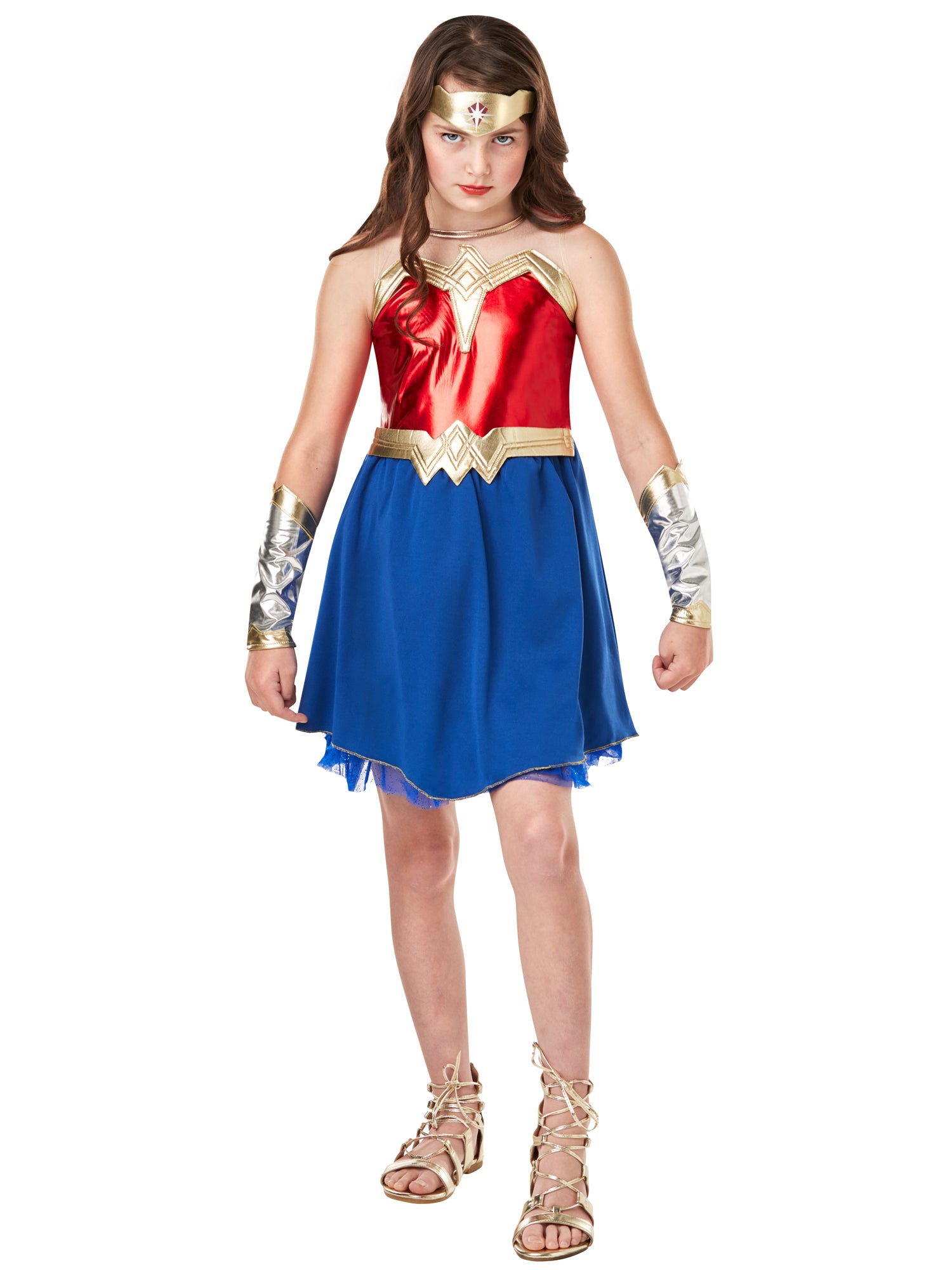 Rubies Wonder Woman Kinderkostüm für Mädchen mit Metallic-Kleid und Kopfschmuck – Detailansicht