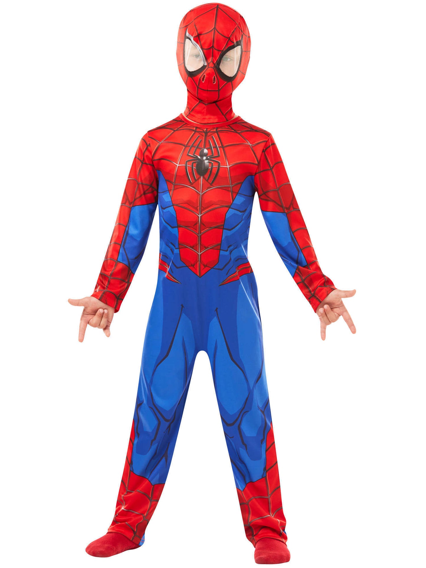 Spider-Man Kinderkostüm von Rubies für Jungen mit bedrucktem Overall und Snood – Produktansicht