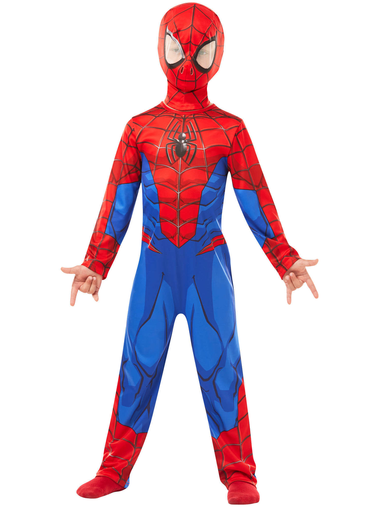 Spider-Man Kinderkostüm von Rubies für Jungen mit bedrucktem Overall und Snood – Produktansicht