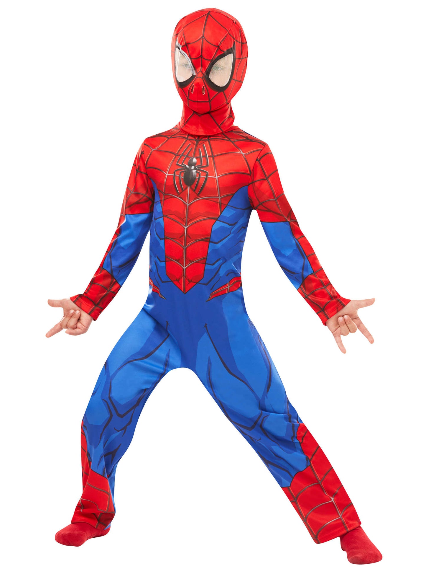 Spider-Man Kinderkostüm von Rubies für Jungen mit bedrucktem Overall und Snood – Detailansicht