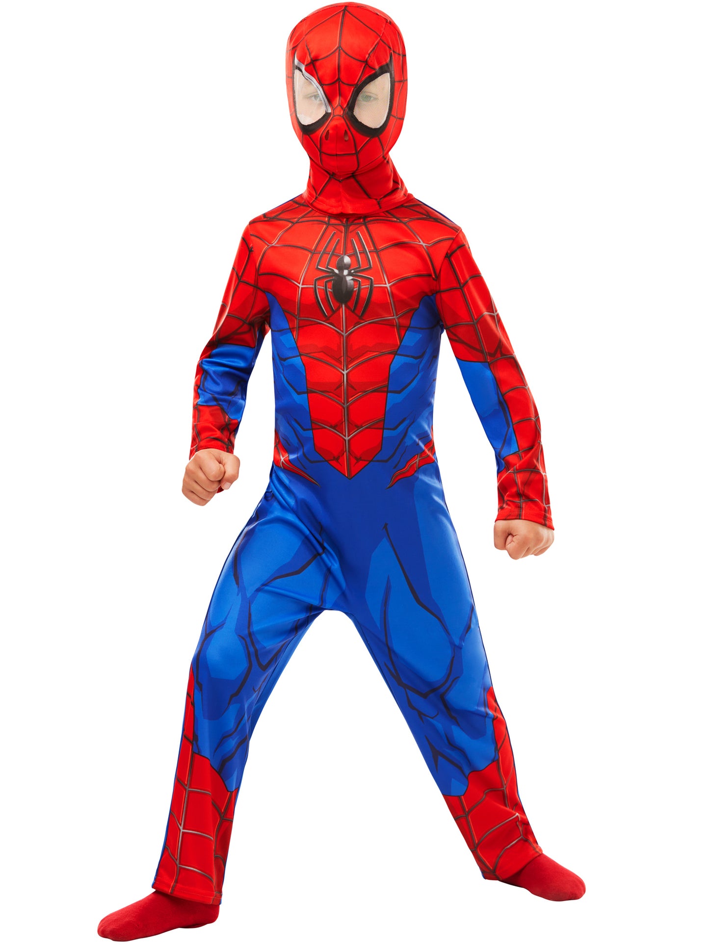 Spider-Man Kinderkostüm von Rubies für Jungen mit bedrucktem Overall und Snood – Seitenansicht