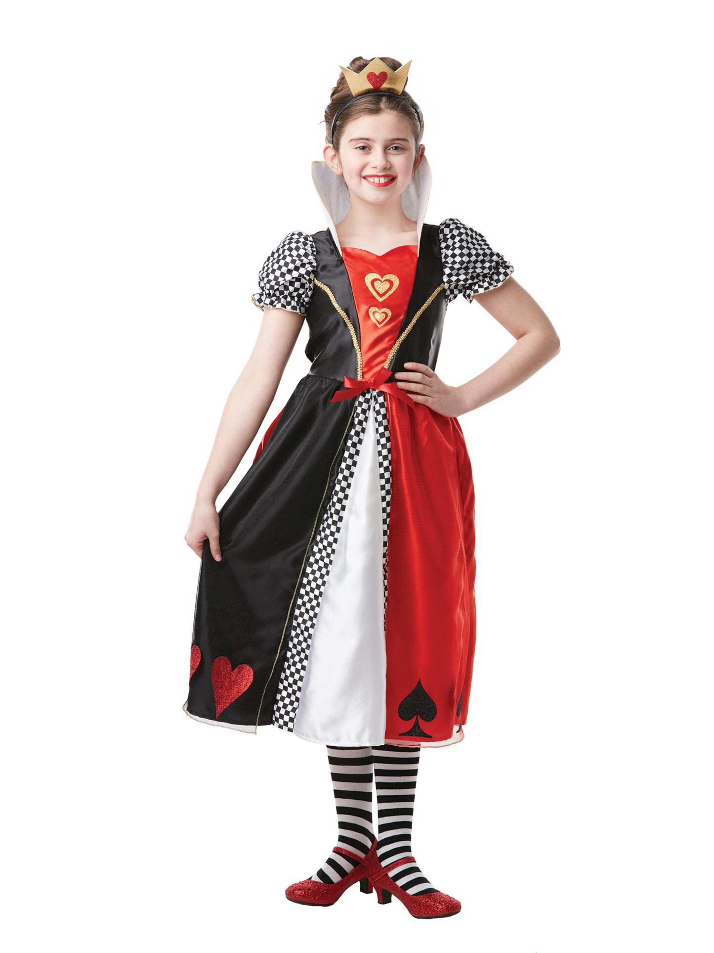 Rubies Red Queen Kinderkostüm für Mädchen mit Kleid und Kronen-Kopfschmuck – Detailansicht