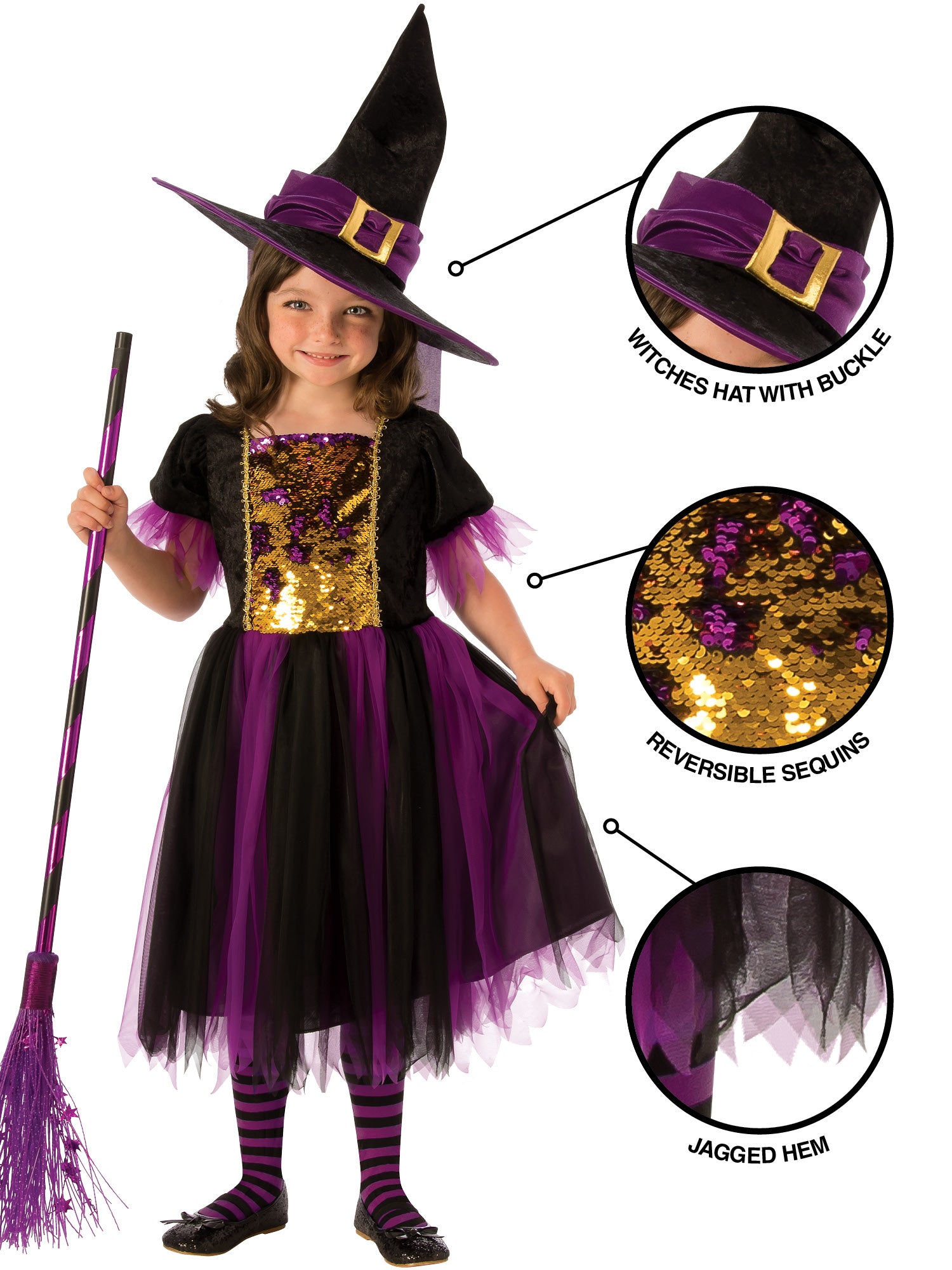 Rubies Magic Witch Kinderkostüm für Mädchen mit Kleid und Hut – Seitenansicht