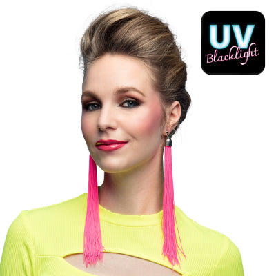 Boland Neon Pink Clip-On Ohrringe – 20 cm langer Festival-Schmuck