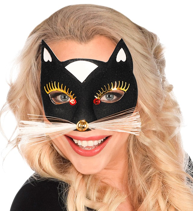 Schwarze Katzen Augenmaske aus weichem Material für Fasnacht und Mottoparty
