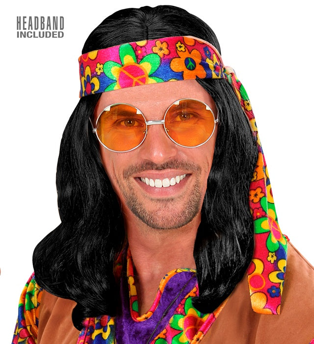 Schwarze Hippie-Perücke mit Stirnband für Fasnacht Kostüm