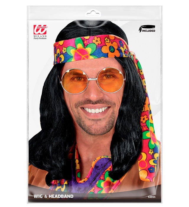Schwarze Hippie-Perücke mit Stirnband für Fasnacht Kostüm