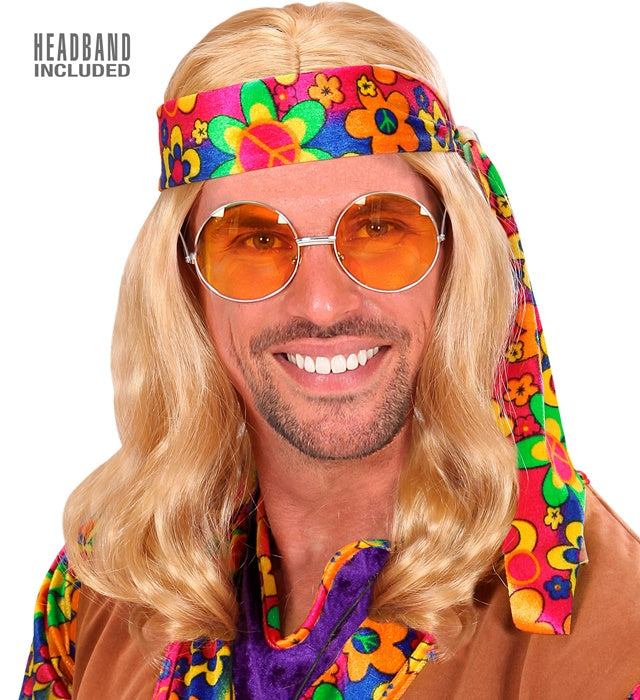 Blonde Hippie-Perücke mit Stirnband für Fasnacht und Karneval
