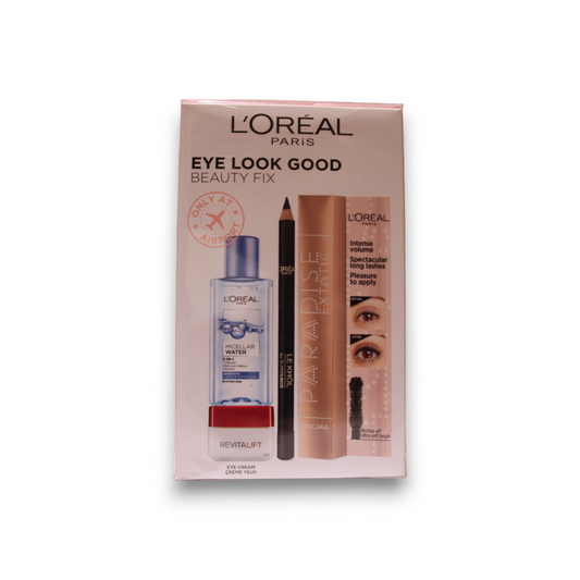 Eye Look Good Beauty Fix Set L'Oreal Paris: L'Oreal Paris, Cleansing, Micellar Water, For All Skin Types, 95 ml + Paradise Extatic, Volumizing, Mascara, Black, 6.4 ml + Le Khol By Superliner, Kohl Eyeliner, 101, Midnight Black, 1.2 g + Revitalift,