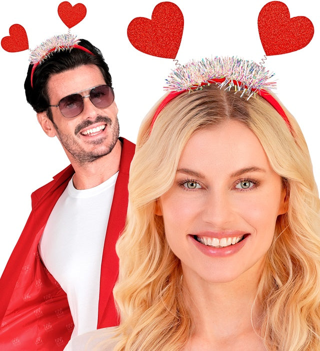 Glitzernder Haarreif mit roten Herzen für Fasnacht und Karneval