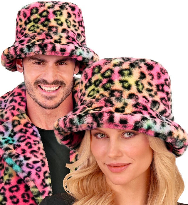 Bunter Anglerhut aus Plüsch mit Leopardenmuster für Fasnacht und Karneval
