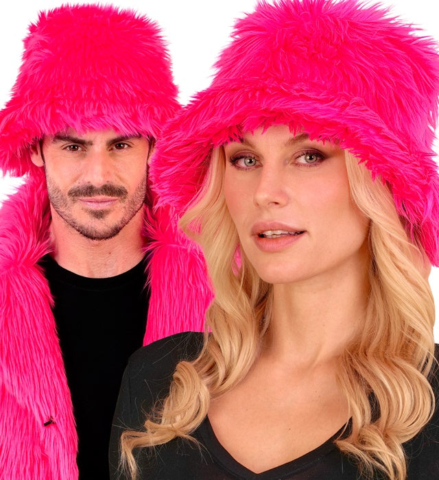 Neon pinker Plüsch Anglerhut auf weißem Hintergrund