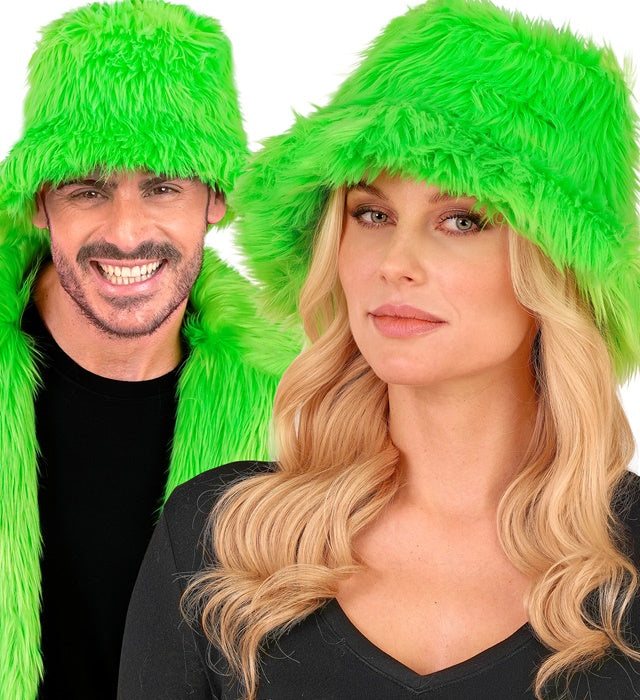 Neon grüner Plüsch Anglerhut für Fasnacht und Mottopartys