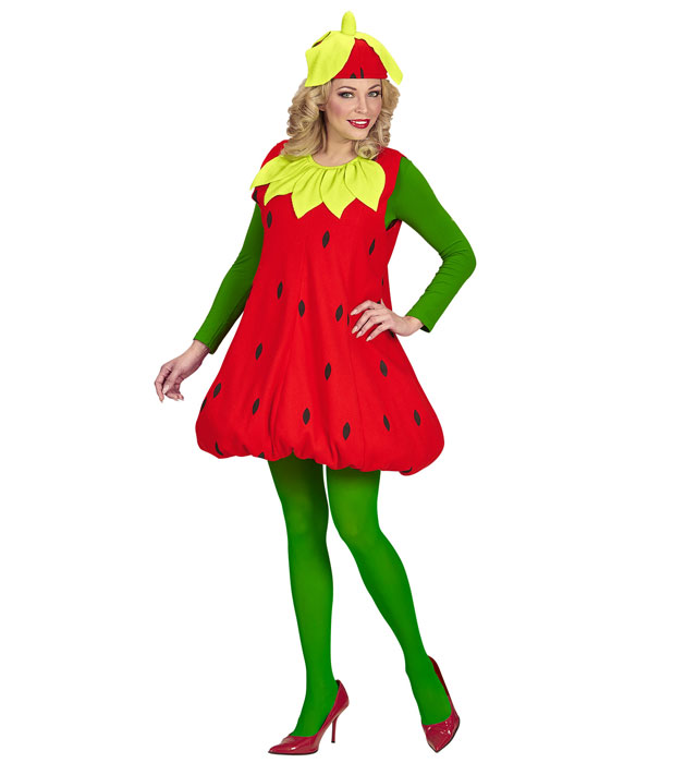 Rotes Erdbeere-Kleid mit schwarzen Punkten und grünem Kopfschmuck auf weißem Hintergrund