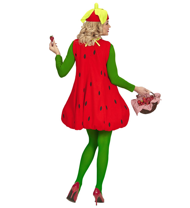 Rotes Erdbeere-Kleid mit schwarzen Punkten und grünem Kopfschmuck auf weißem Hintergrund